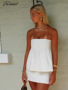 TAVIMART - Women Sexy Strapless Solid Ruffle Short Top Fashion Off Sho – tavimart Medium Fancy Outfits, Vacation Style Inspiration, Bachelor Trip Outfits, Comfy Tourist Outfit Summer, Old Money Summer Outfits For Women, Elevated Bar Outfit, Fourth Of July Womens Outfits, White Skirt And Top Set, Designer Style