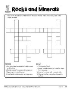 the crosswords worksheet for rock and minerals is shown in this image