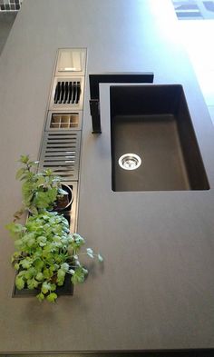 a kitchen counter with a sink and potted plant on it's side next to a window