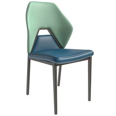 a blue and green chair sitting on top of a white floor