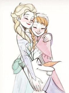 two frozen princesses hugging each other with one holding the other's arm around her shoulder