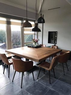 a dining room table and chairs in front of a large window