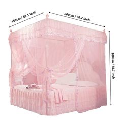 a pink canopy bed with white sheets and curtains on it's sides, measurements