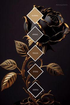 a black rose with gold leaves on it and the words below it are labeled in three different colors