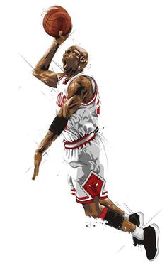 a painting of a basketball player in the air with a ball above his head and feet