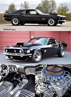 an old mustang muscle car is shown in three different pictures, including the engine and hood