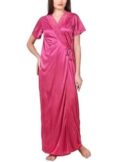 Soft and Cozy Nightdress Fabric : Satin COLOR: PINK Gift yourself a relaxing sleep by slipping into this super-soft nightdress. Whether you wear it to bed or lounge around in it at home, this nightwear will provide you maximized comfort.    Size : IN INCHE                                BUST        WAIST       HIPS S                            32             25              34 M                           34             27              36 L                            36             29              28 XL                         38             31               40 XXL                      40             33              42 XXXL                   42              35              44 Length: Maxi | Pattern: Solid | Sleeve: Half Sleeve | Neck Style: Sweetheart Neck Fit Type: Regular (Relaxed) Fit Ve Pink V-neck Nightgown For Home, Pink V-neck Nightgown For Sleep, Pink V-neck Nightgown, Pink V-neck Nightgown For Loungewear, Beautiful Nightgown, Relaxing Sleep, Womens Pyjama Sets, Pajama Robe, Satin Color