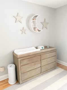 a baby's room with two cribs and star decorations on the wall