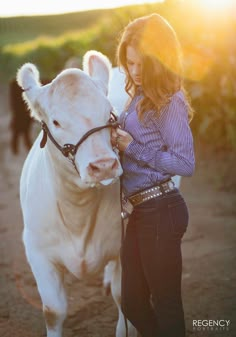 a woman standing next to a white cow