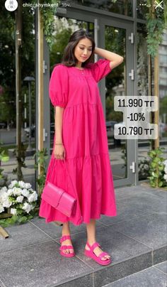 Hot Pink Dress Outfit Casual, Cute Korean Outfits Dresses, Kurta Simple, Stylish Frocks, Simple Long Dress, Sleevless Dress, Simple Frock Design, Churidar Designs