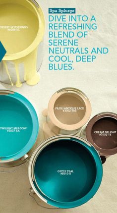 an advertisement for some paint products with pictures of different colors on them and the words, dive into a refreshing blend of serene neutrals and cool deep blues