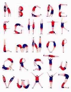 the alphabet is made up of different people doing yoga poses with their hands in the air