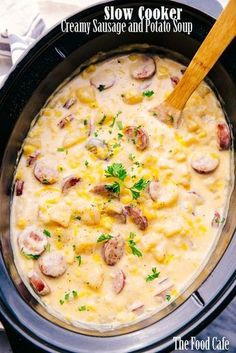 a crock pot filled with eggs and sausage