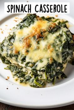 spinach casserole on a white plate with text overlay