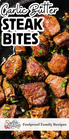 steak bites in a skillet with text overlay