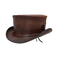 Marlow Mens Leather Top Hat - LT Hat Band Leather Top Hat | Men's Top Hat with Feather | Steampunk Hat Finished black is all night, captured by the moonlight and darkly romantic. Brown is deep and comfortable; a friend who both scoundrel and traveler. Pecan, with its contrasting band and brim edge is, like Robin Hood, the cutpurse with noble motive.    Features: Brim 2" Crown 3 3/4" Size 6 up to Size 8 Cowhide Leather Featherweight 2 Colors: Burnt Black & Brown Sizes: XXS to 3XL (Follow The Char Brown Top Hat For Country Events With Short Brim, Brown Top Hat With Short Brim For Country Events, Brown Short Brim Top Hat For Country Events, Brown Flat Brim Top Hat For Festival, Vintage Brown Fedora With High Crown, Vintage High Crown Brown Fedora, Adjustable Short Brim Steampunk Hat, Brown Flat Brim Top Hat For Western-themed Events, Brown Top Hat With Short Brim For Outdoor Events