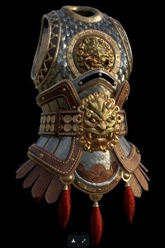 an elaborate helmet with gold and red accents