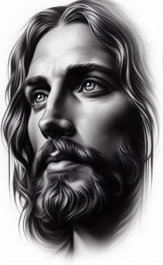 the face of jesus with long hair and beards, in black and white ink