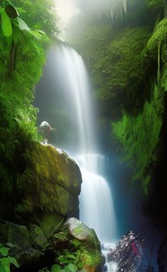 a waterfall in the middle of a lush green forest