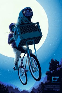 a person on a bike with a box strapped to it's back in front of the moon