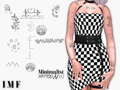 a woman with tattoos standing in front of a white wall wearing a black and white checkered dress