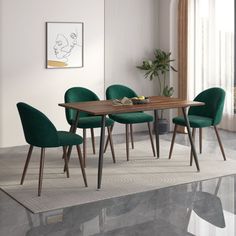 a dining room table with green chairs around it