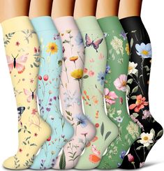 six pairs of women's knee high socks with flowers and butterflies on the sides