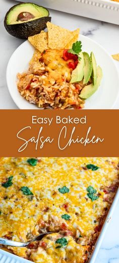 an easy baked salsa chicken casserole with avocado