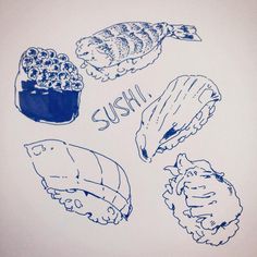 an image of sushi drawn in blue ink