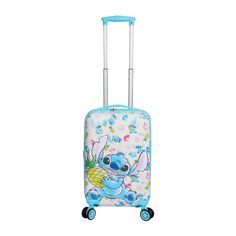 Embark on a whimsical journey with this white Lilo & Stitch 20” carry-on luggage, showcasing an adorable image of Stitch holding a pineapple. The vibrant all-over print features Stitch and tropical flowers, adding a touch of paradise to your travels. Maneuver with ease using the 360-degree wheels and retractable trolley handle, ensuring a smooth and stylish journey. Crafted with durable ABS and PC film materials, this officially licensed luggage offers both functionality and charm. The 20” h x 1 Stitch Bedroom, Stitch Merchandise, Stitch Things, Stitch Birthday, Cute Ipad Cases, Stitch Stuff, Stitch Clothes, Birthday Wishes For Myself, Pineapple Design