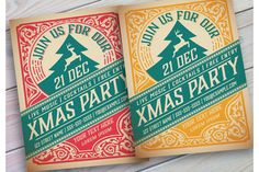 two christmas party flyers on a wooden table