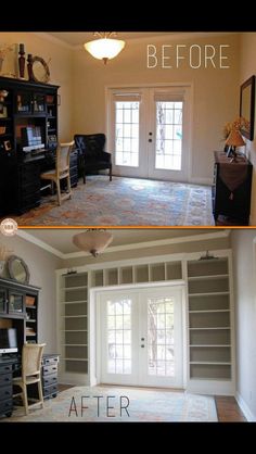 before and after photos of a living room with built in bookcases