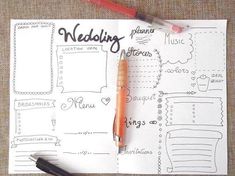 a notepad with some writing on it and a pen next to it that says wedding