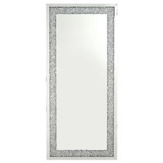 a white framed mirror with silver glitter border