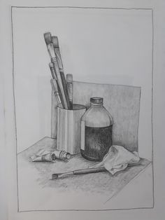 a pencil drawing of some art supplies sitting on a table next to a bottle and brush