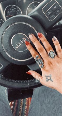 Western Symbols Tattoo, Western Tattoos On Hand, Western Couples Tattoos, Western Couple Tattoos, Western Finger Tattoos, Nail Ideas Western, Western Hand Tattoos, Punchy Nails Designs, Boho Western Nails