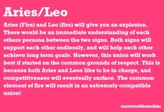 an article about aries / leo in pink with white writing on the front and back