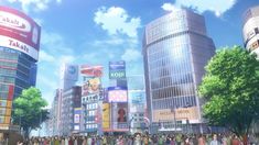 an animated city scene with people walking around and tall buildings in the foreground, on a sunny day