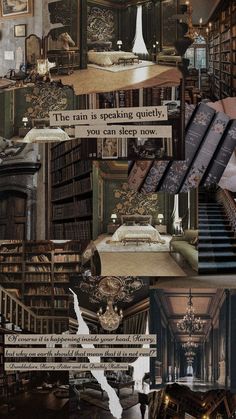 a collage of photos with books and pictures on them, including an open bookcase