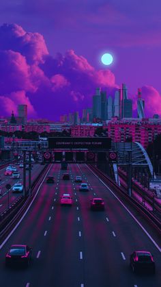 cars are driving down the highway in front of an overcast city at night with pink and purple hues