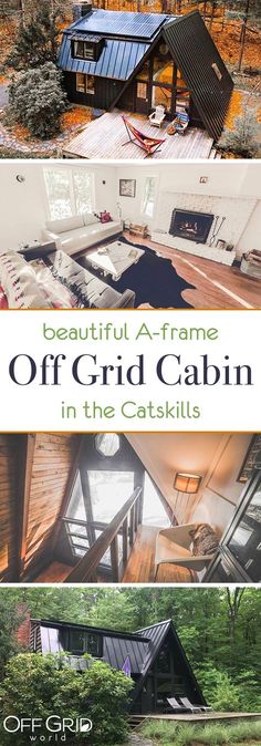 the cover of off grid cabin in the catskills, with pictures of different rooms and