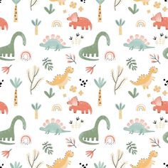 a pattern with dinosaurs and plants on a white background