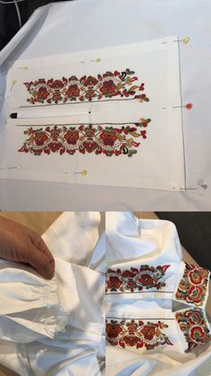 two pictures showing how to sew on white fabric with red and green flowers in the middle