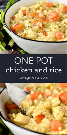 one pot chicken and rice soup in a white bowl