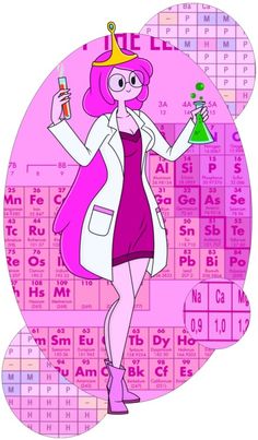 a woman in a lab coat holding a beakle and flasks with the chemical symbols