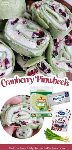 cranberry pinwheels with cream cheese filling on top and green wrappers next to it