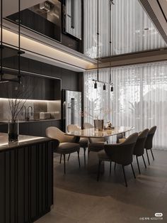 an elegant dining room with black walls and white sheer curtains on the windowsills