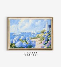 a painting with blue flowers and sailboats on the water in front of a white wall