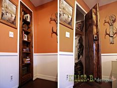 two pictures of antelope mounted to the wall in a room with orange walls