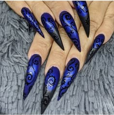 Nail Designs Gothic Coffin, Viking Nails Designs, Gothic Blue Nails, Goth Nails Stiletto, Voodoo Nails, Blue Goth Nails, Wiccan Nails, Gothic Stilleto Nails Designs, Gothic Nail Art Dark